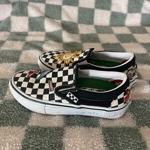 Vans Black and White Checkered Slip-Ons with Sun and Car Details